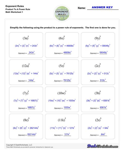 These exponent rules worksheets provide practice using the power rule, fraction rule, product rule, the negative rule, log to exponents and more! Learn how to simplify numbers with exponents and see how they relate to fractions, decimals and roots using these PDF worksheets with answer keys.  Exponent Rules Product To A Power Rule V1