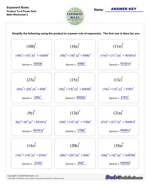 These exponent rules worksheets provide practice using the power rule, fraction rule, product rule, the negative rule, log to exponents and more! Learn how to simplify numbers with exponents and see how they relate to fractions, decimals and roots using these PDF worksheets with answer keys.  Exponent Rules Product To A Power Rule V2