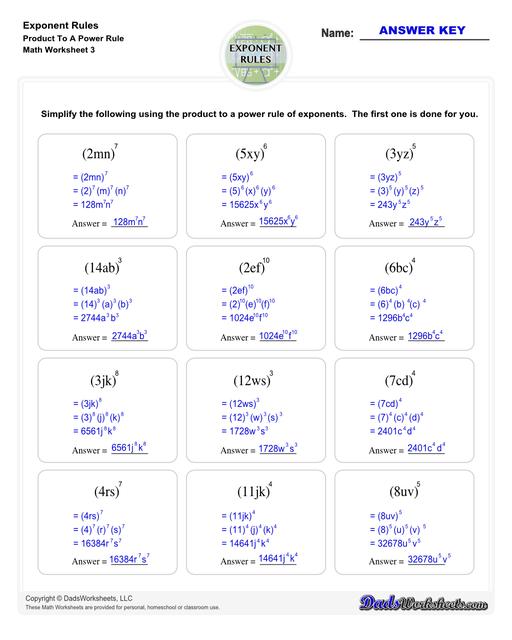 These exponent rules worksheets provide practice using the power rule, fraction rule, product rule, the negative rule, log to exponents and more! Learn how to simplify numbers with exponents and see how they relate to fractions, decimals and roots using these PDF worksheets with answer keys.  Exponent Rules Product To A Power Rule V3