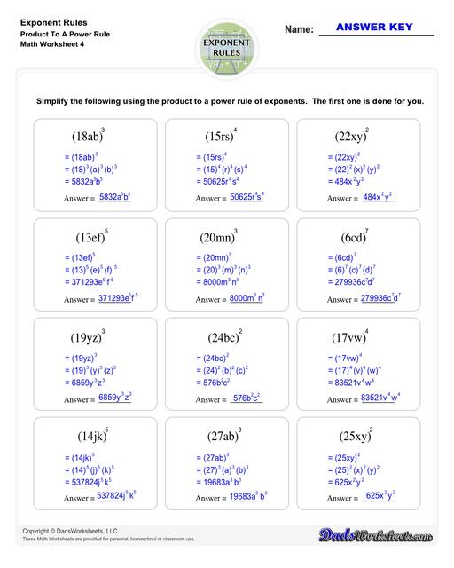 These exponent rules worksheets provide practice using the power rule, fraction rule, product rule, the negative rule, log to exponents and more! Learn how to simplify numbers with exponents and see how they relate to fractions, decimals and roots using these PDF worksheets with answer keys.  Exponent Rules Product To A Power Rule V4