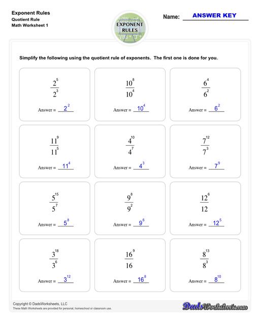 These exponent rules worksheets provide practice using the power rule, fraction rule, product rule, the negative rule, log to exponents and more! Learn how to simplify numbers with exponents and see how they relate to fractions, decimals and roots using these PDF worksheets with answer keys.  Exponent Rules Quotient Rule V1