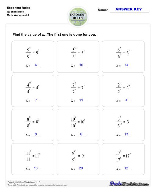 These exponent rules worksheets provide practice using the power rule, fraction rule, product rule, the negative rule, log to exponents and more! Learn how to simplify numbers with exponents and see how they relate to fractions, decimals and roots using these PDF worksheets with answer keys.  Exponent Rules Quotient Rule V3