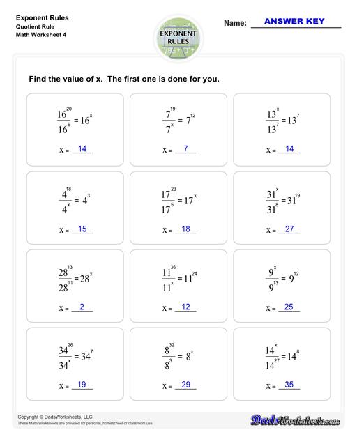 These exponent rules worksheets provide practice using the power rule, fraction rule, product rule, the negative rule, log to exponents and more! Learn how to simplify numbers with exponents and see how they relate to fractions, decimals and roots using these PDF worksheets with answer keys.  Exponent Rules Quotient Rule V4