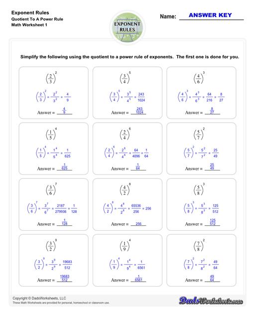These exponent rules worksheets provide practice using the power rule, fraction rule, product rule, the negative rule, log to exponents and more! Learn how to simplify numbers with exponents and see how they relate to fractions, decimals and roots using these PDF worksheets with answer keys.  Exponent Rules Quotient To A Power Rule V1