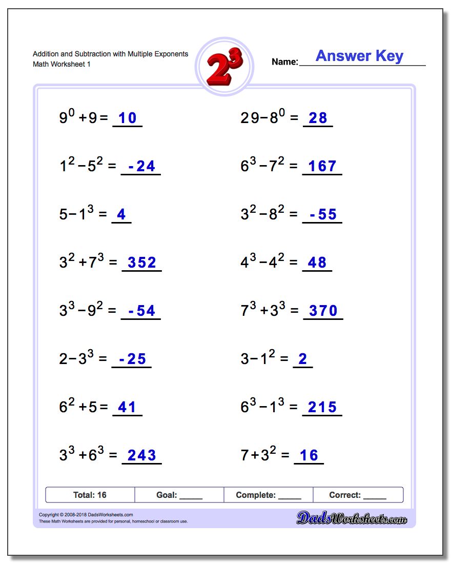 Exponents Worksheet Addition and Subtraction with Multiple