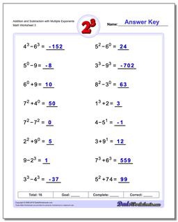 Addition Worksheet and Subtraction Worksheet with Multiple Exponents