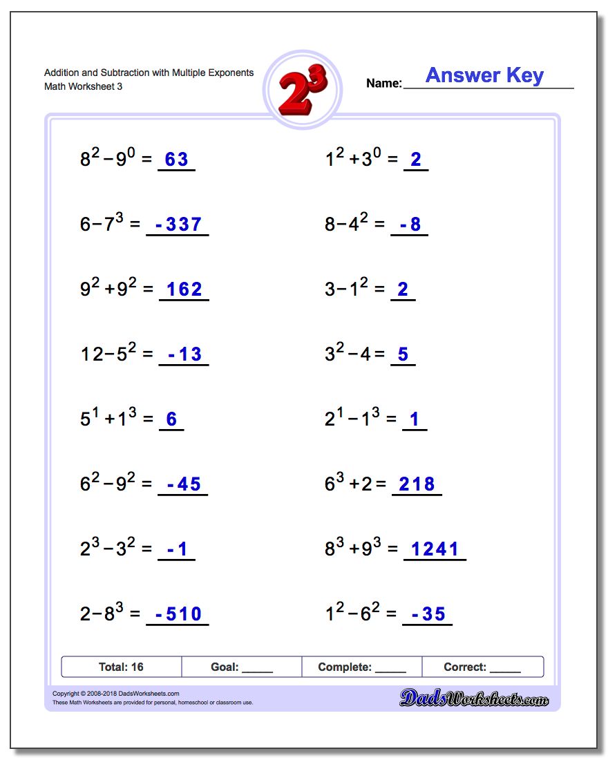 Addition Worksheet and Subtraction Worksheet with Multiple Exponents
