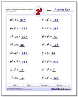 Addition Worksheet and Subtraction Worksheet with Multiple Exponents