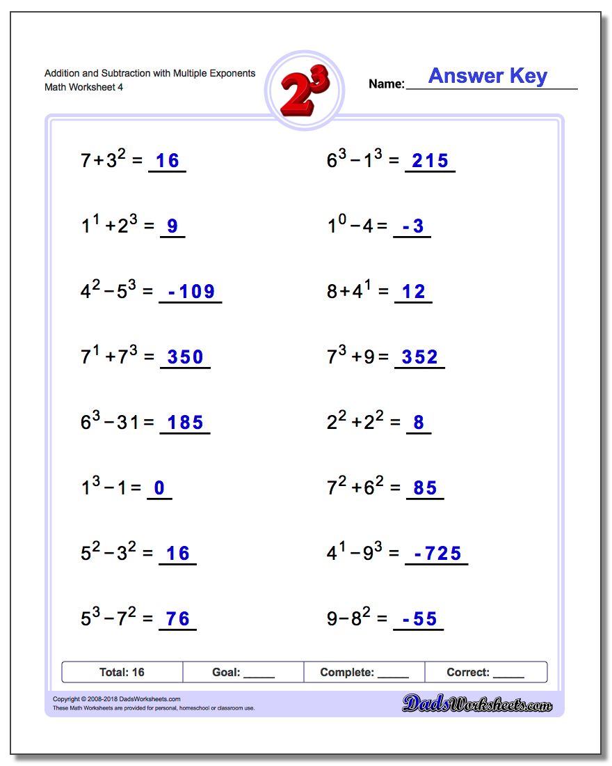 Addition Worksheet and Subtraction Worksheet with Multiple Exponents