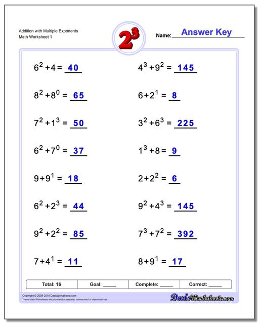 Exponents Worksheets: Addition with Exponents