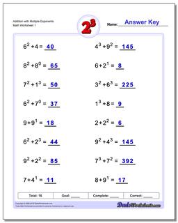 Exponents Worksheet Addition with Multiple