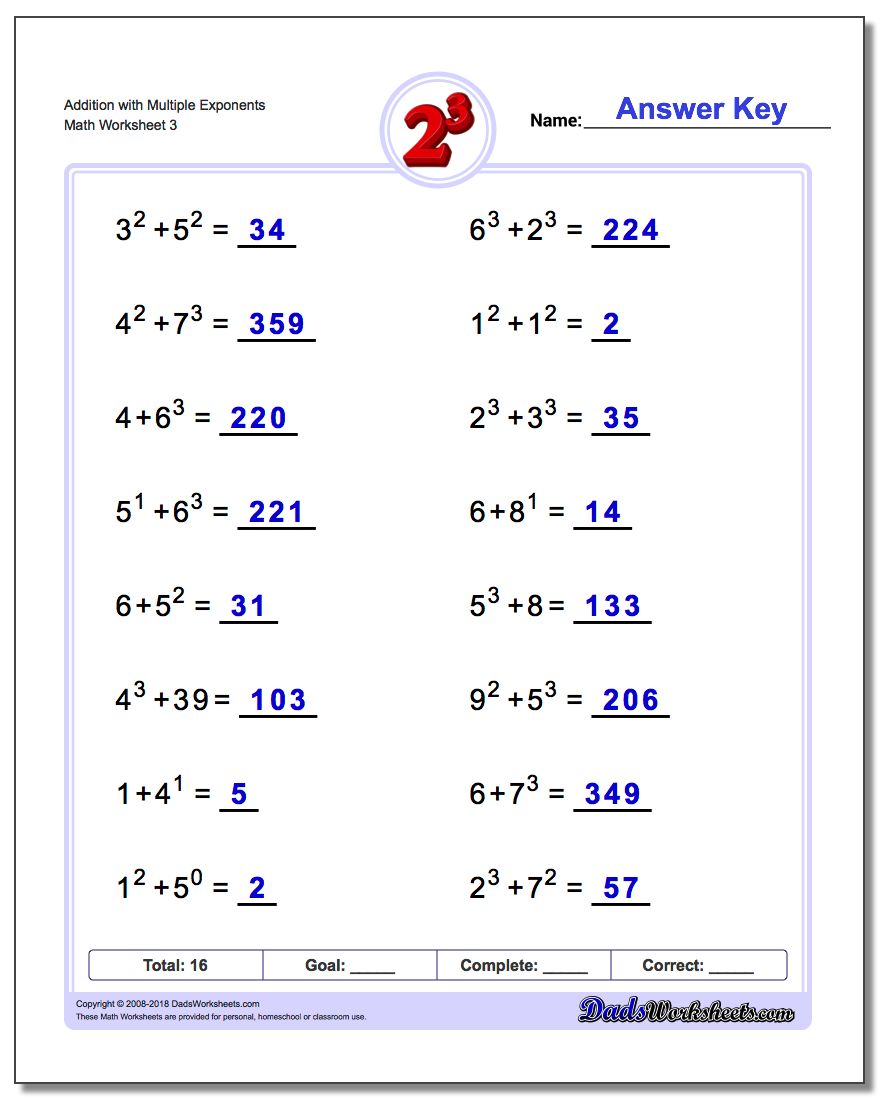 Addition Worksheet with Multiple Exponents