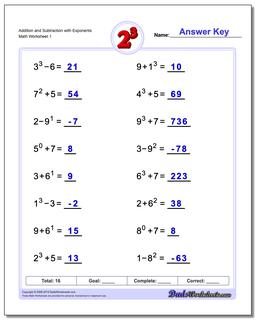 Exponents Worksheet Addition and Subtraction with