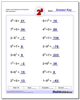 Exponents Worksheets: Mixed Addition And Subtraction with Exponents