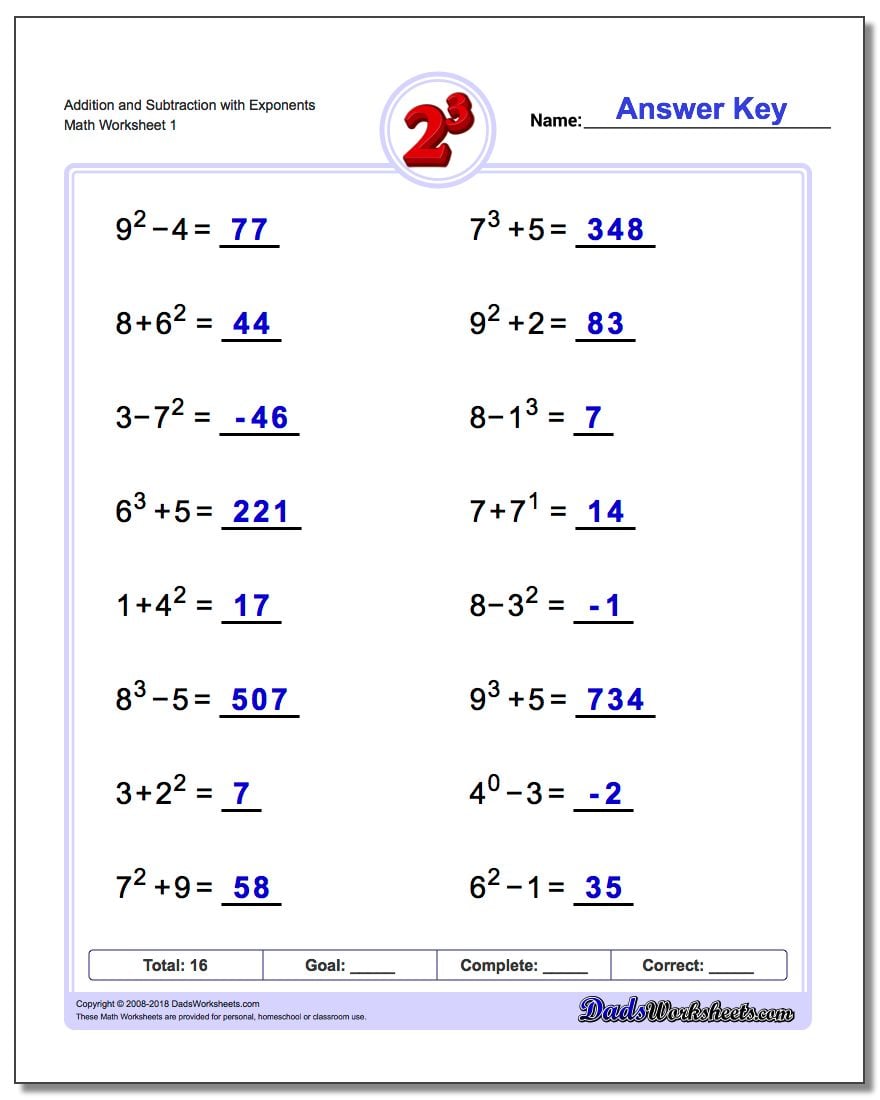 Mixed Addition And Subtraction with Exponents