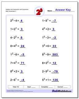 Addition Worksheet and Subtraction Worksheet with Exponents