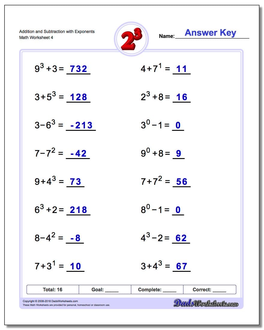 Mixed Addition And Subtraction with Exponents