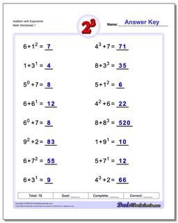 Exponents Worksheet Addition with