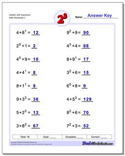 Addition Worksheet with Exponents