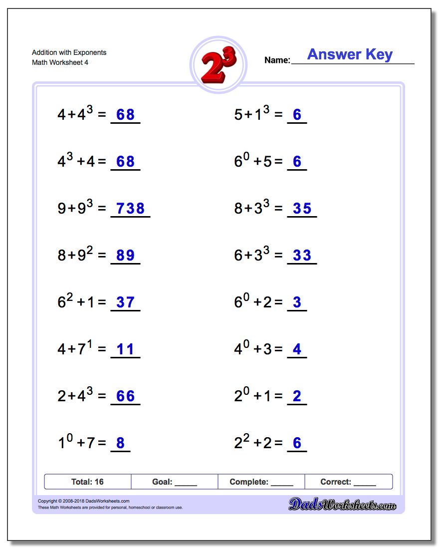 Addition Worksheet with Exponents