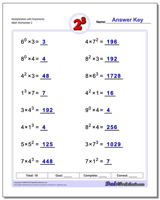 Exponents Worksheets: Multiplication with Exponents