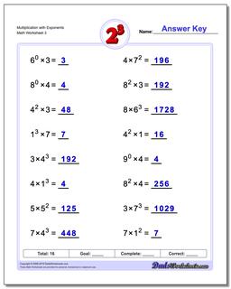 Multiplication Worksheet with Exponents