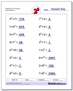 Multiplication Worksheet with Exponents