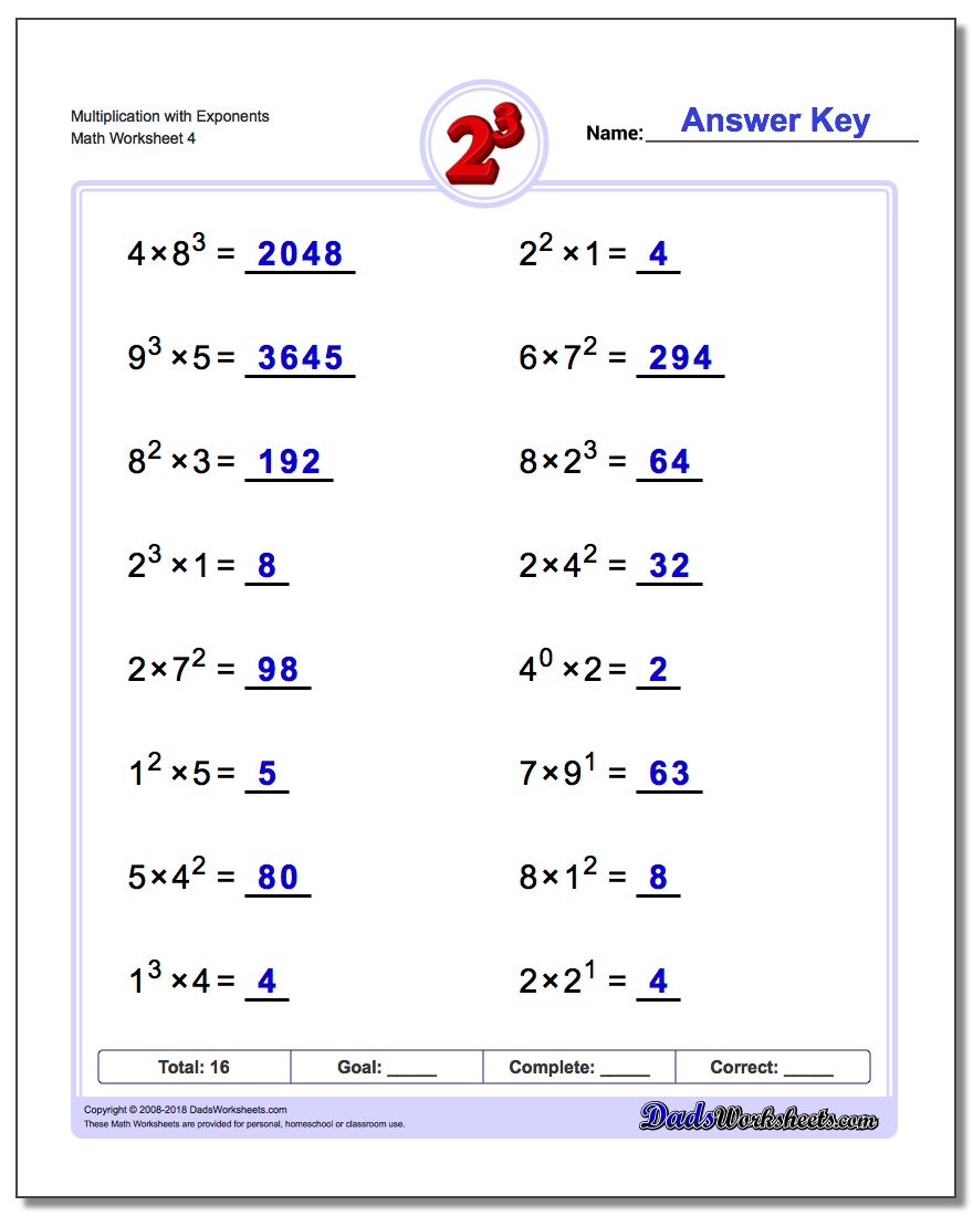 Multiplication Exponents Worksheets Pdf