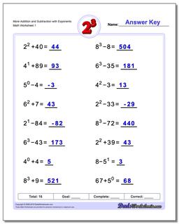 Exponents Worksheet More Addition and Subtraction with