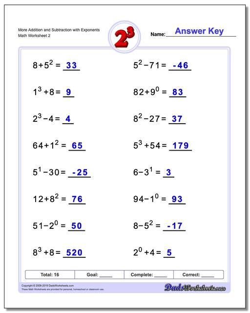 Exponents Worksheets Mixed Addition And Subtraction with Exponents