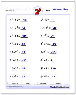 More Addition Worksheet and Subtraction Worksheet with Exponents