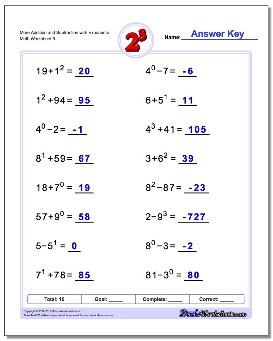 More Addition Worksheet and Subtraction Worksheet with Exponents