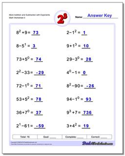 More Addition Worksheet and Subtraction Worksheet with Exponents