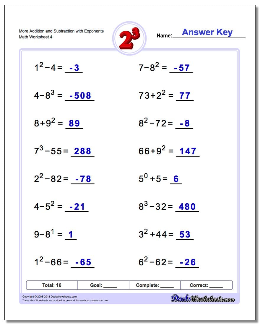Mixed Addition And Subtraction with Exponents
