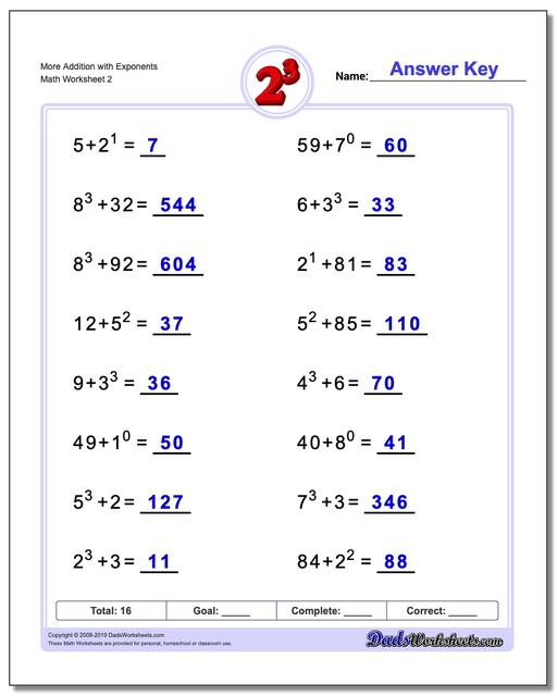 Exponents Worksheets: Addition with Exponents
