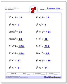 More Addition Worksheet with Exponents