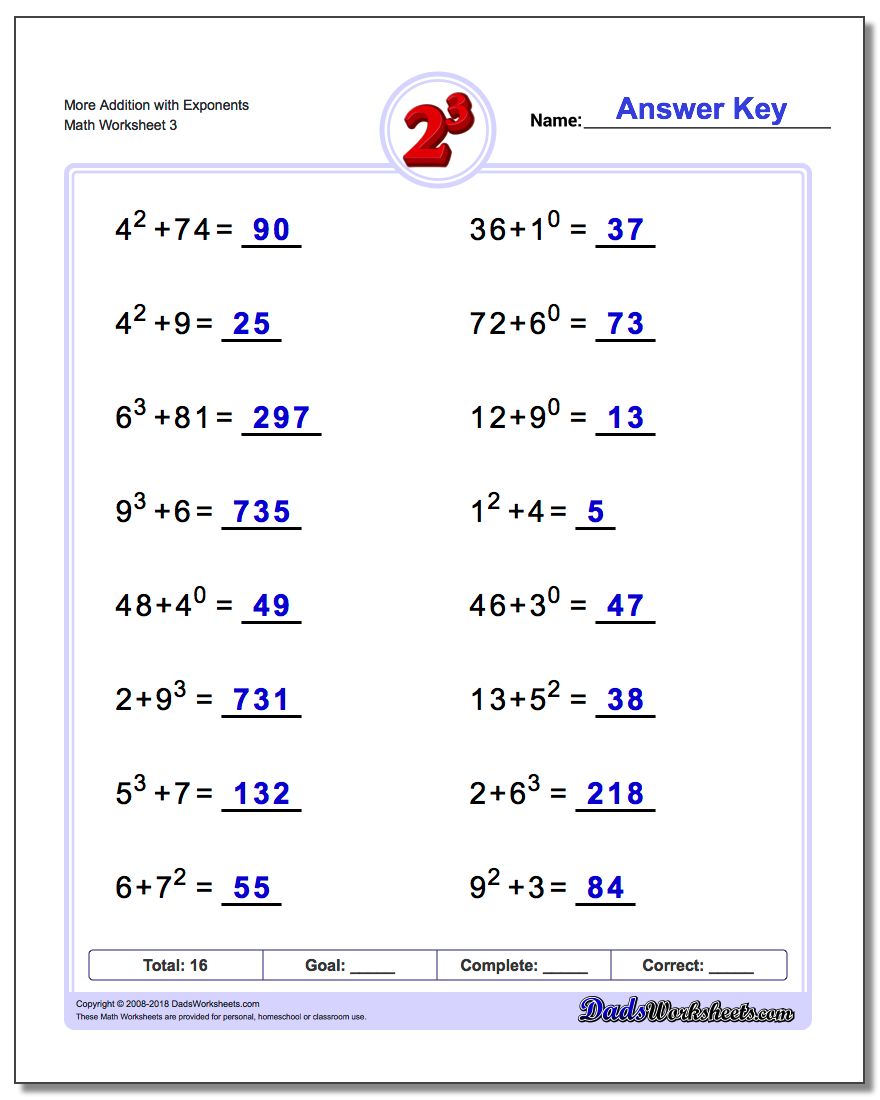 More Addition Worksheet with Exponents