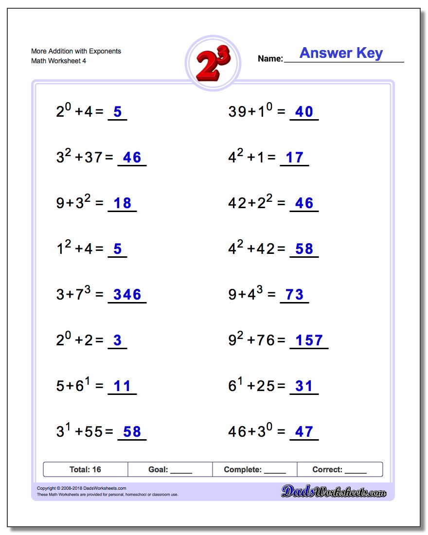 More Addition Worksheet with Exponents