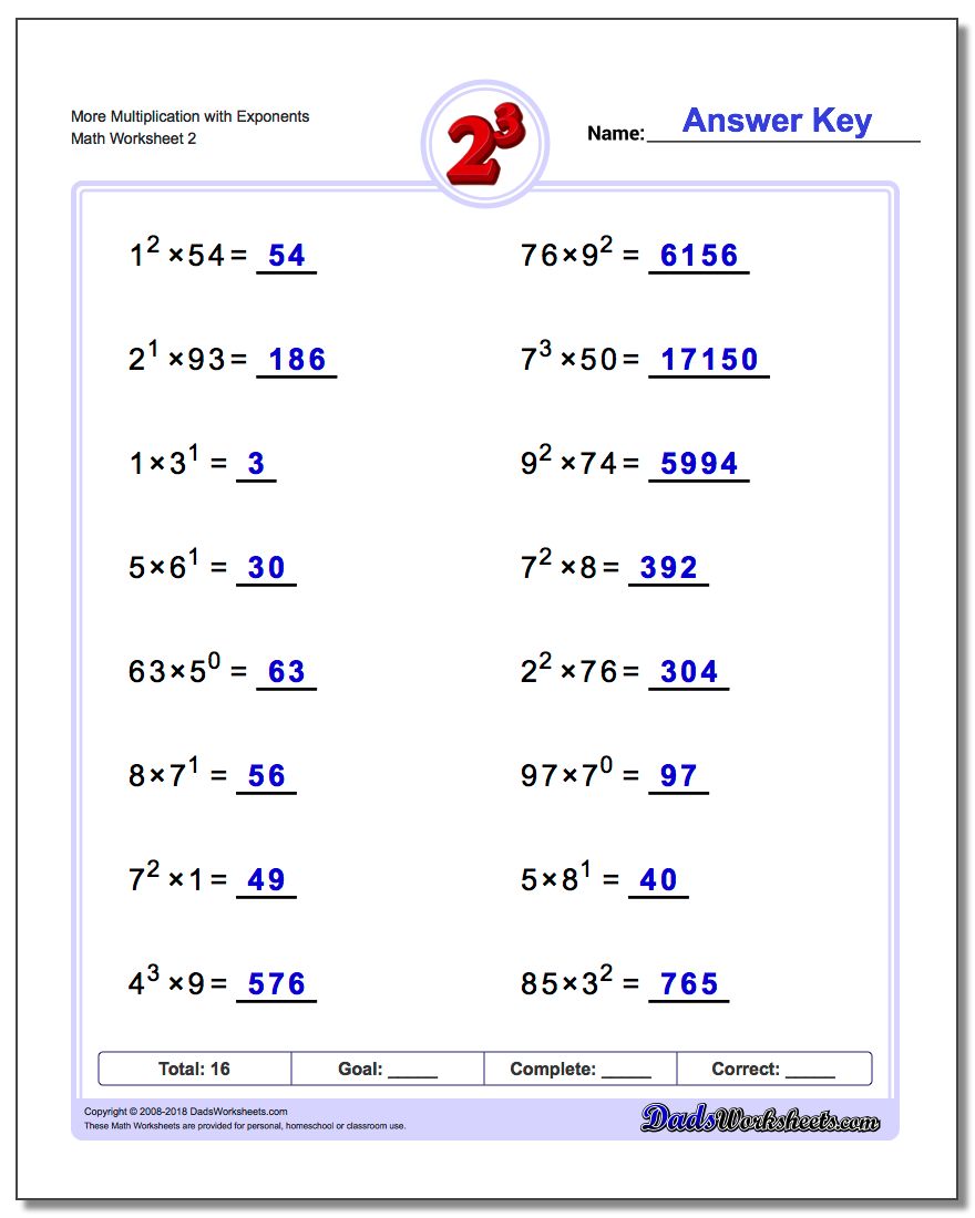 More Multiplication Worksheet with Exponents www.dadsworksheets.com/worksheets/exponents.html