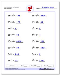 More Multiplication Worksheet with Exponents