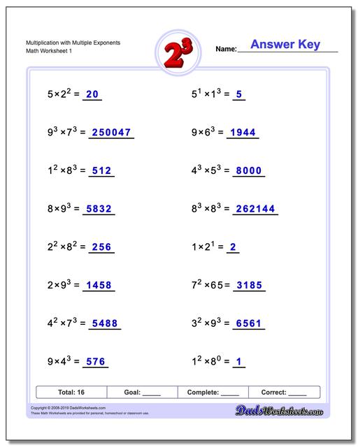 Exponents Worksheets: Multiplication with Exponents