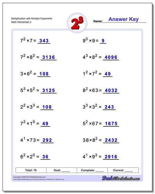 Exponents Worksheets: Multiplication with Exponents