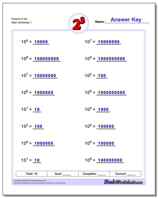 powers of ten exponents worksheets