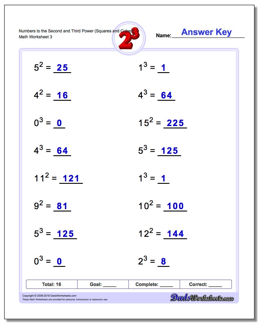 Numbers to the Second and Third Power (Squares and Cubes) Worksheet