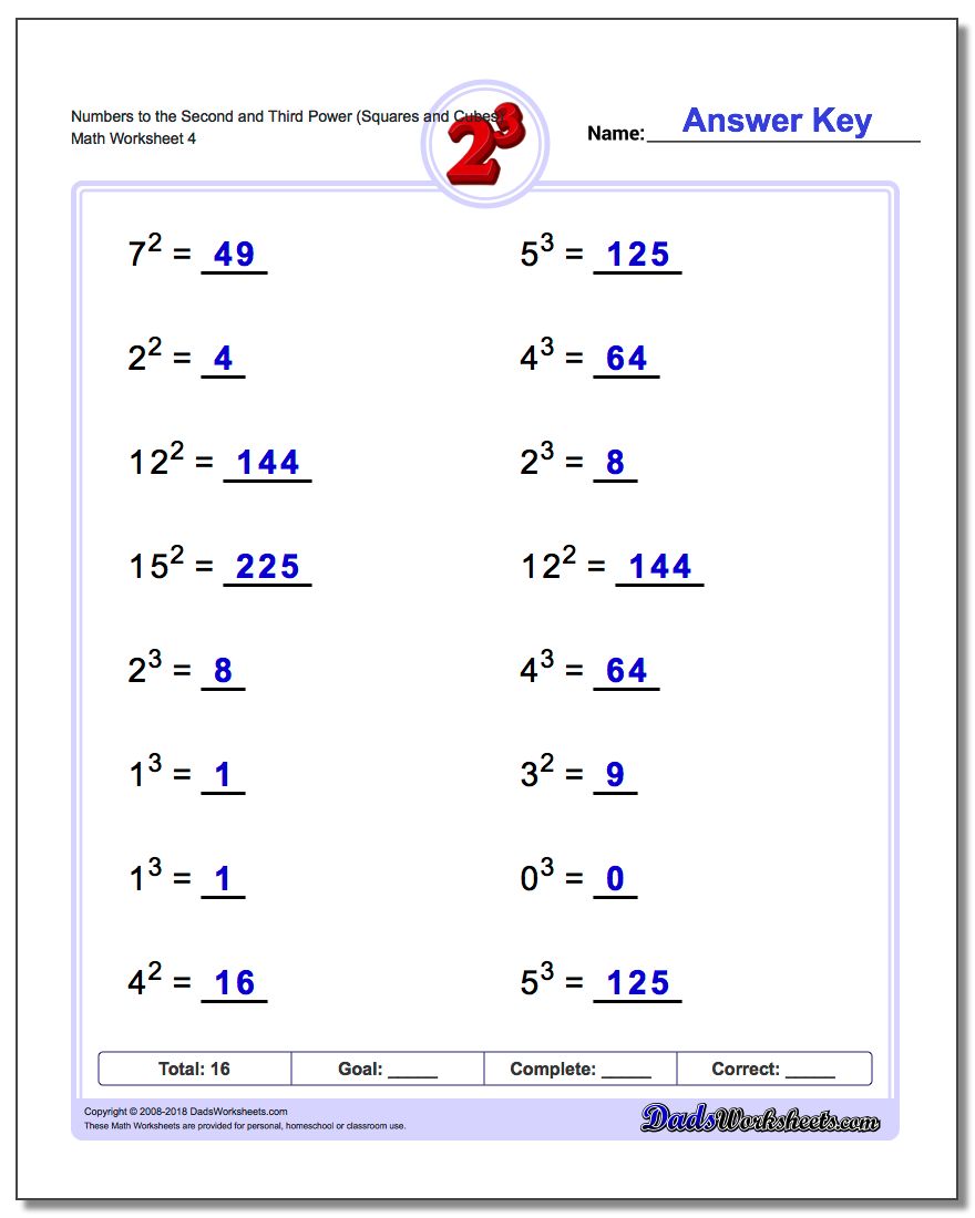 Numbers to the Second and Third Power (Squares and Cubes) Worksheet