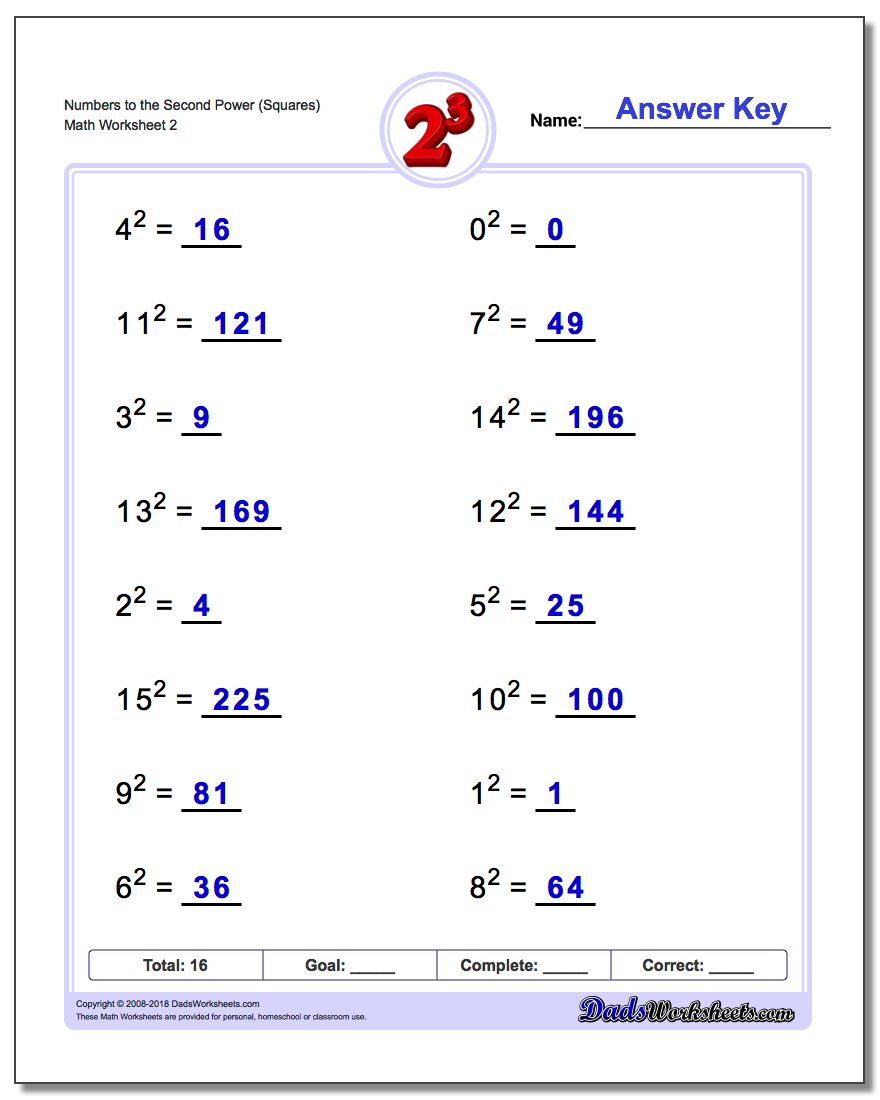 Numbers to the Second Power (Squares) www.dadsworksheets.com/worksheets/exponents.html Worksheet