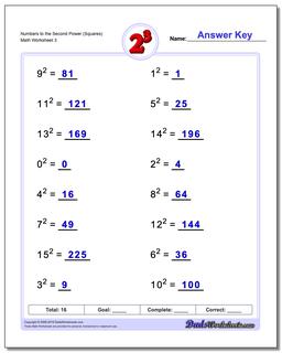 Numbers to the Second Power (Squares) Worksheet
