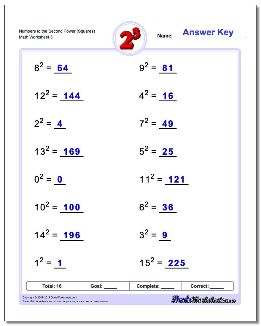 Numbers to the Second Power (Squares) Worksheet