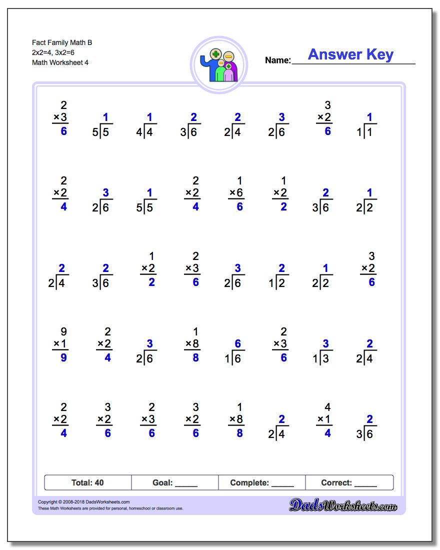 Fact Family Math B 2x2=4, 3x2=6 Worksheet