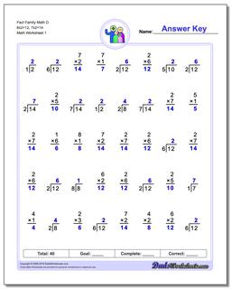 Fact Family Worksheet Math D 6x2=12, 7x2=14
